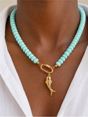 New! Coastal Colorful Cyan Beaded Gold Fish Carabiner Necklace NWOT 5036
